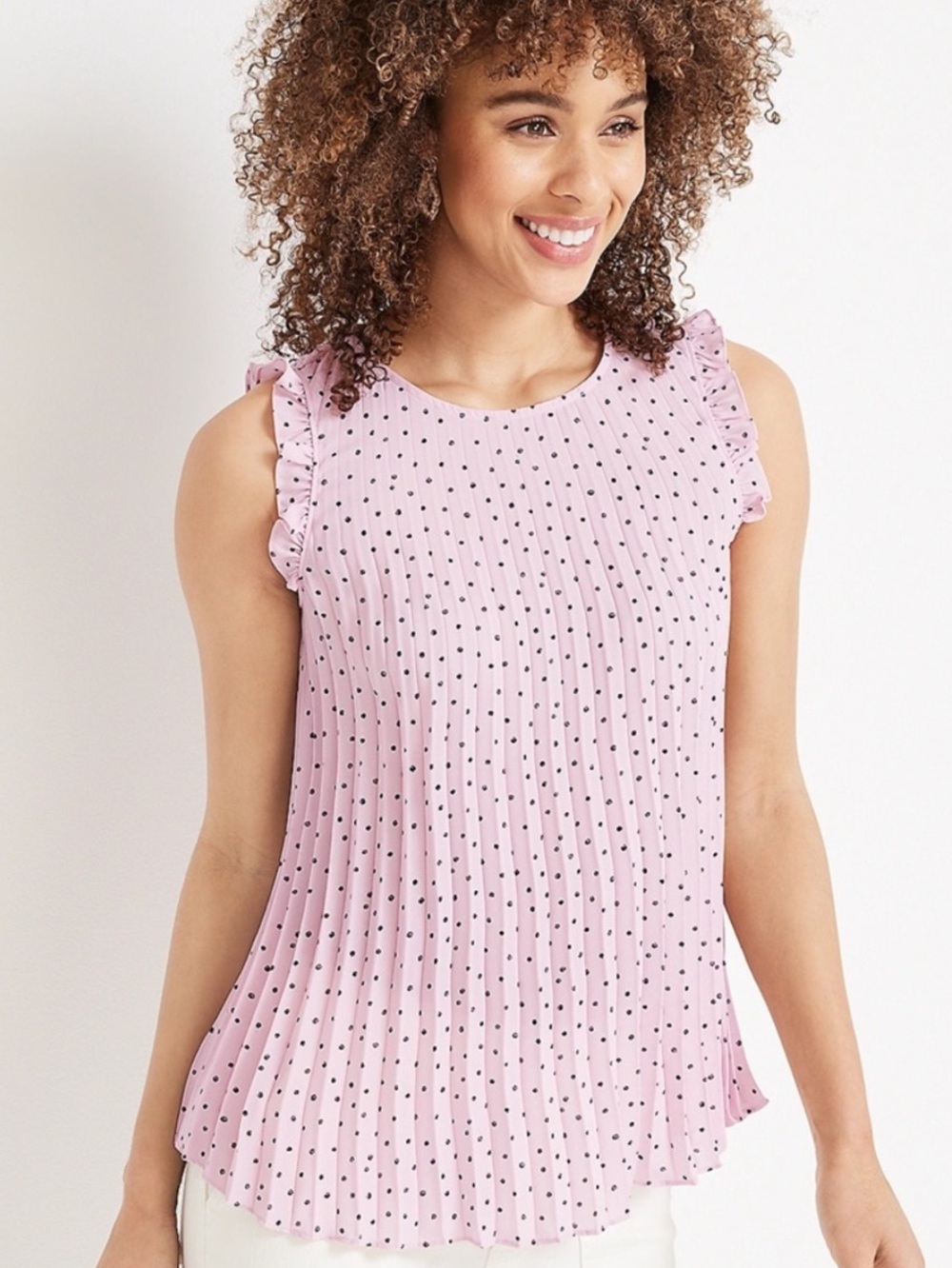 Maurices Polka Dot Pleated Tank Top Small Pink Ruffle Sleeve Feminine Blouse - Picture 1 of 6